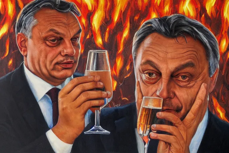 Image similar to viktor orban drinking champagne in front a burning city, highly detailed eyes, oil on canvas