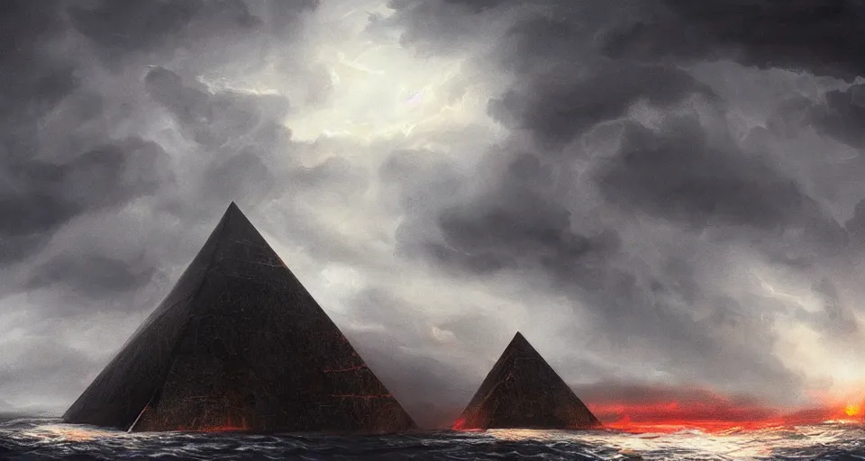 Image similar to black lovecraftian obsidian pyramid!! on a snowy island surrounded by raging stormy seas by eugene von guerard, ivan shishkin, night, red lightning!!, storm, dramatic lighting, concept art, trending on artstation, 8 k