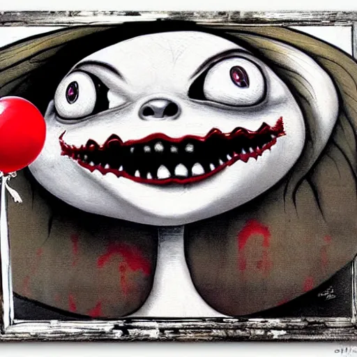 Prompt: grunge painting of a computer with a wide smile and a red balloon by chris leib, loony toons style, pennywise style, corpse bride style, horror theme, detailed, elegant, intricate