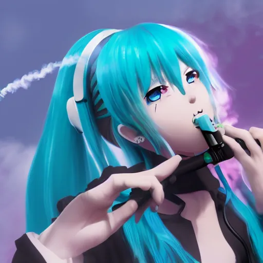 Image similar to hatsune miku smoking weed with a vape pen, smoke coming out of her mouth, bloodshot eyes, artstation, 4 k