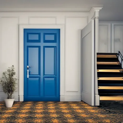 Prompt: dark nostalgic empty house with stairs in the middle and doors on either side, one door is closed and the door on the right is open to a blue bathroom, tan carpet