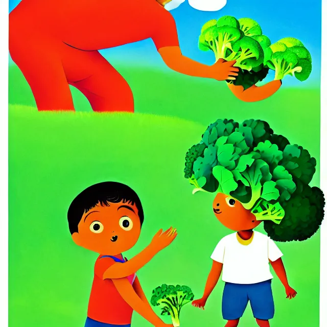 Prompt: professional kids book illustration of a South Indian !toddler! boy pulling a friendly anthropomorphic (broccoli) out of the ground, best on artstation,, astonishing, impressive, outstanding, cheerful, stunning, masterpiece by Eric Carle.