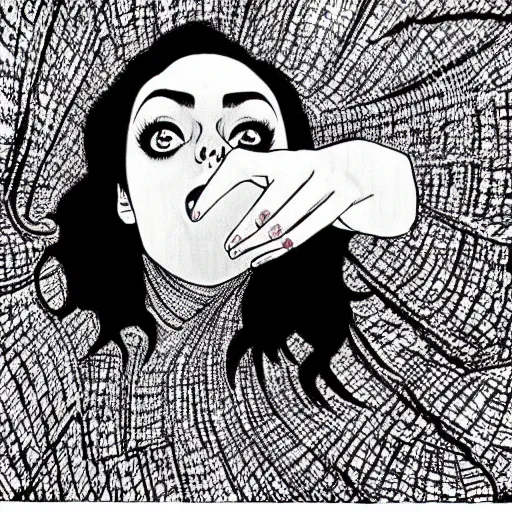 Prompt: Stunning scene of Mila Kunis falling into the void by Junji Ito