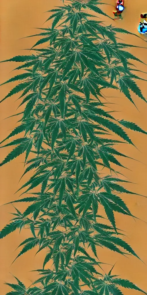 Image similar to A modern fine-art Chinese shanshui painting of cannabis tree with dank buds ready to harvest, full of amber trichome