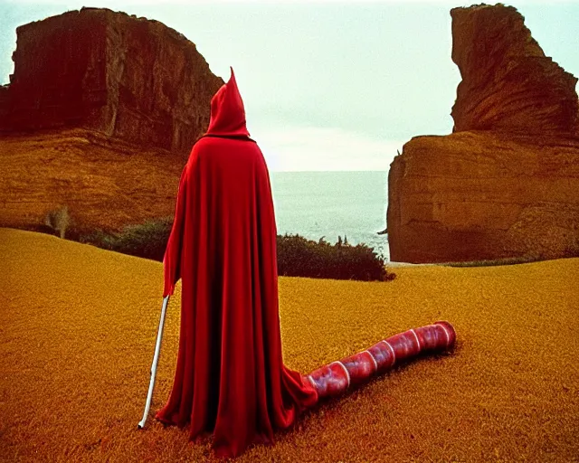 Image similar to by bruce davidson, by andrew boog faithfull redscale photography evocative. a beautiful kinetic sculpture of a horned, red - eyed, skeleton - like creature, with a long black cape, & a staff with a snake wrapped around it, standing in front of a castle atop a cliff.