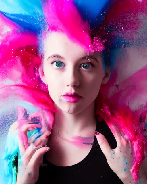 Image similar to a dramatic lighting photo of a beautiful young woman with cotton candy hair. paint splashes. with a little bit of cyan and pink