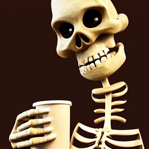 Prompt: portrait of a funny skeleton character holding a cup of coffee. pixar style animation 3 d extremely gloomy lighting, shining light and shadow, atmospheric, cinematic, unreal engine, 8 k