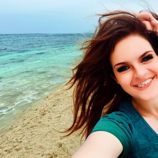 Prompt: Selfie photograph of a cute young woman with bronze brown hair and vivid green eyes, smiling smugly, medium shot, mid-shot, beach background