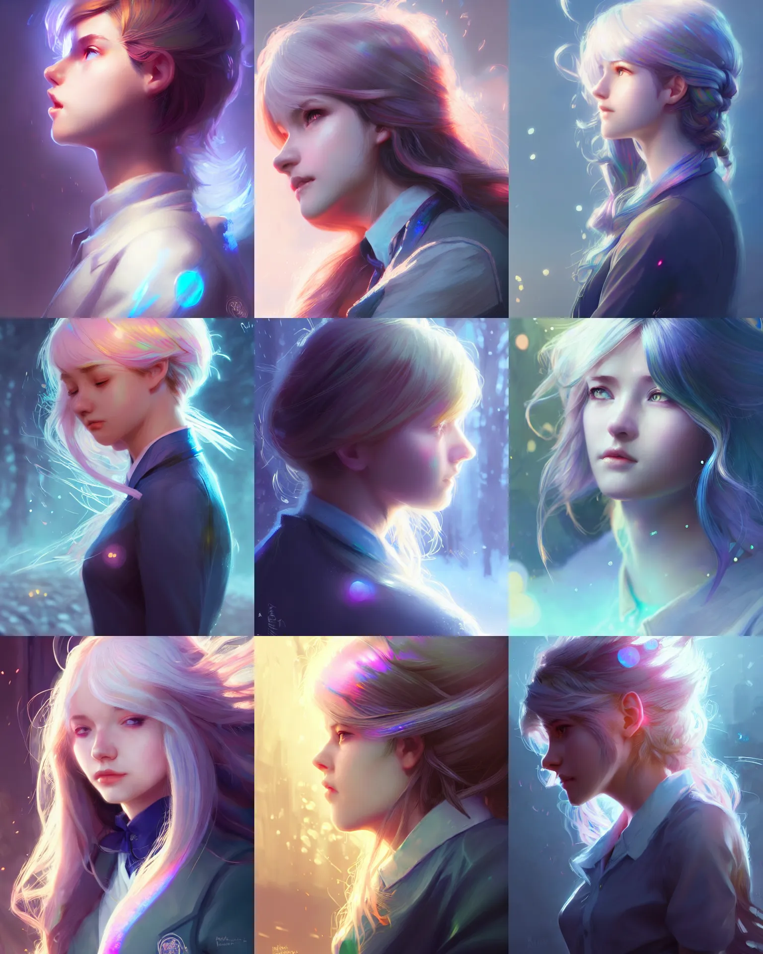 Prompt: side portrait of an innocent lost college girl, magic school uniform, light iridescent hair color, large messy hair style, fantasy, intricate, sharp focus, lens flare, bloom, rim light, illustration, highly detailed, digital painting, concept art, matte, art by ruan jia