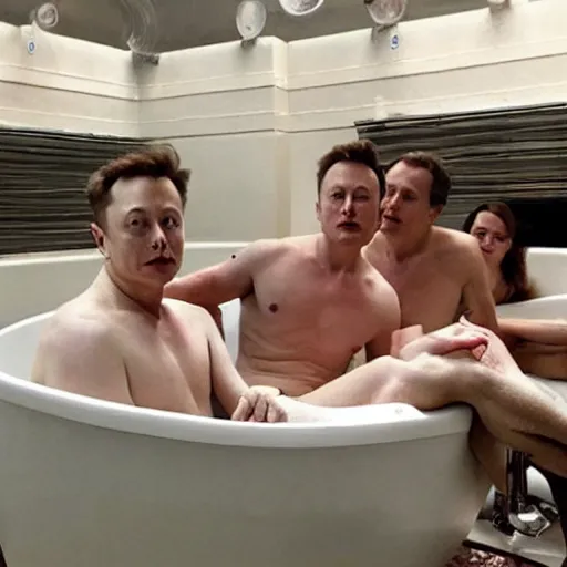 Prompt: elon musk in bath with his friends