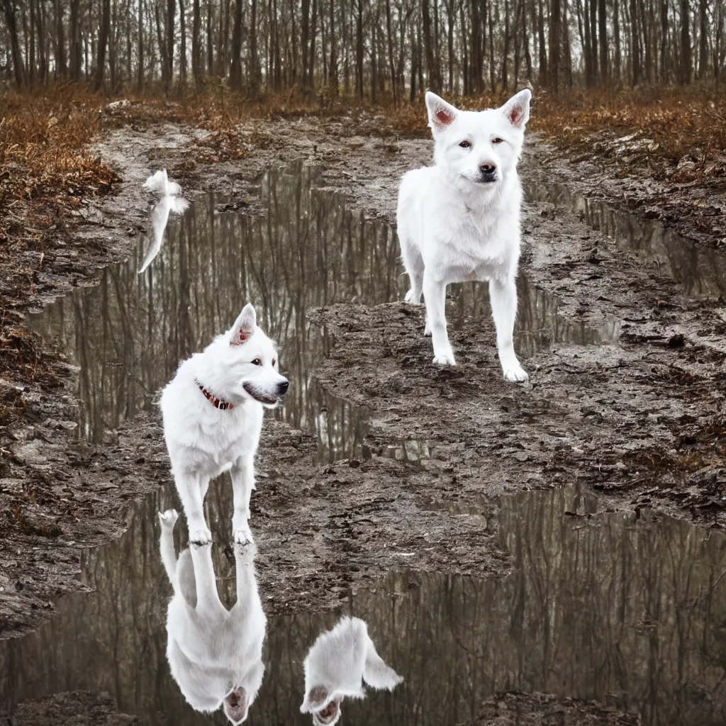 Image similar to white siberian laika dog, with reflection in the puddle, foggy old forest, very detailed, 4 k, professional photography