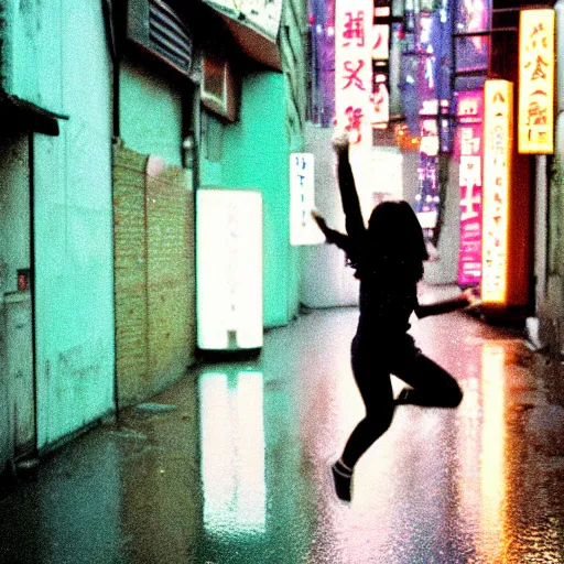 Image similar to 1990s perfect 8K HD professional cinematic photo of close-up japanese schoolgirl jumping in dystopian alleyway with neon signs, at evening during rain, at instagram, Behance, Adobe Lightroom, with instagram filters, depth of field, taken with polaroid kodak portra