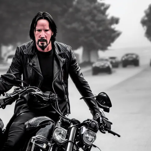 Image similar to Keanu reeves in black biker gear foggy pic 4K detail