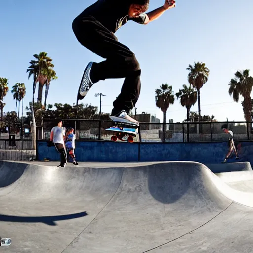 Image similar to skater wearing nike sb dunks doing a kickflip at the venice beach skatepark