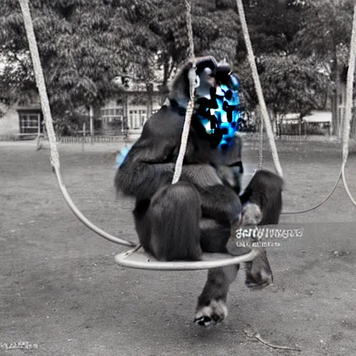 Prompt: 1 9 5 0's photo of gorilla sitting on swing in playground