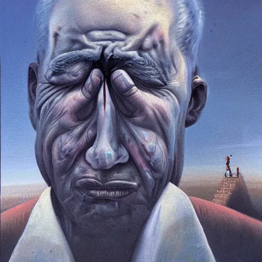 Image similar to Painting in a style of Beksinski featuring bibi netanyahu crying. Pain and suffering in the background