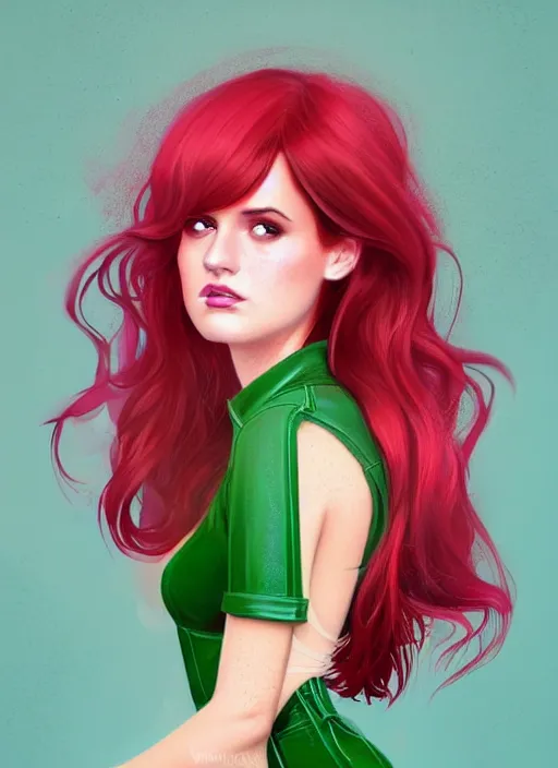 Image similar to full body portrait of teenage cheryl blossom, bangs, green eyes, sultry expression, red hair, sultry smirk, bangs and wavy hair, pink skirt, bangs, intricate, elegant, glowing lights, highly detailed, digital painting, artstation, concept art, smooth, sharp focus, illustration, art by wlop, mars ravelo and greg rutkowski