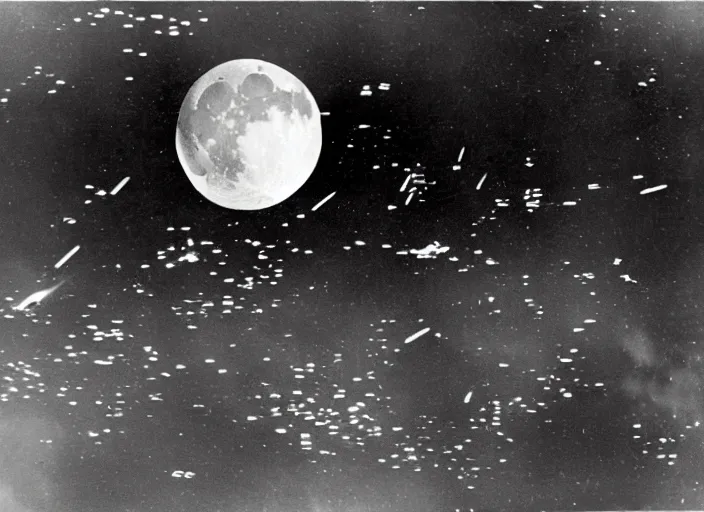 Image similar to vintage film still of the moon exploding shattering fragments in the sky around the exploding moon over new york city in the 1 9 2 0 s from the old sci - fi movie