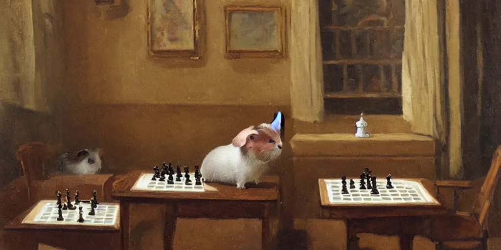 Image similar to a guinea pig playing chess inside a cozy victorian room, realistic oil paint