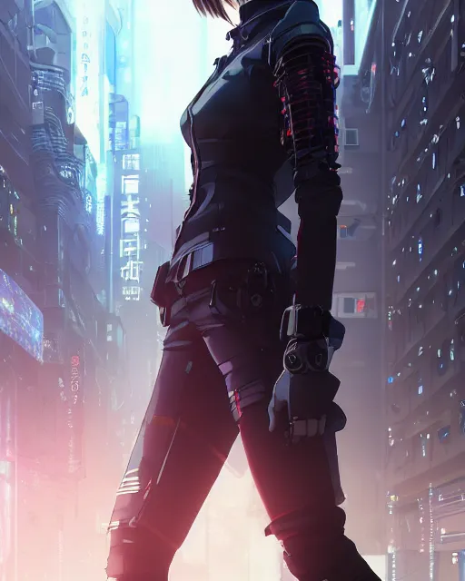 Prompt: kyoto animation, cool lady wearing cyberpunk intricate techwear clothing, beautiful, detailed portrait, cell shaded, 4 k, concept art, by wlop, ilya kuvshinov, artgerm, krenz cushart, greg rutkowski, pixiv. cinematic dramatic atmosphere, sharp focus, volumetric lighting, cinematic lighting, studio quality