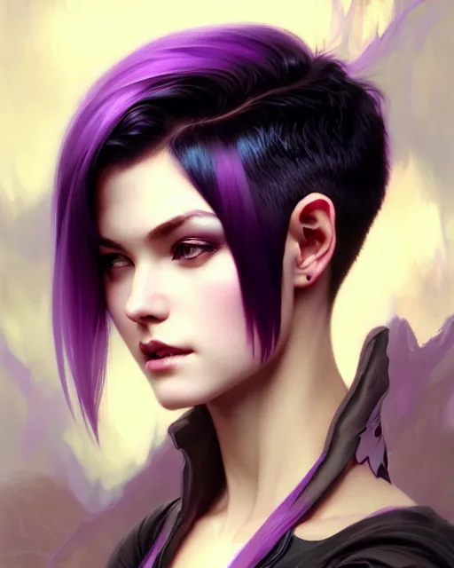 Prompt: fantasy portrait, pixie undercut hairstyle, black to purple fade hair color, intricate, elegant, sharp focus, illustration, highly detailed, digital painting, concept art, matte, art by WLOP and Artgerm and Greg Rutkowski and Alphonse Mucha, masterpiece