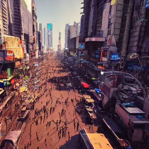 Image similar to crowded streets of manila turned cyberpunk filled with poverty, beggars and crime, deppresing image, unreal engine, artstation hd