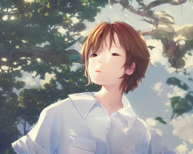 Image similar to teen looking at blue sky, wearing white shirt, back turned, looking up, illustration, by pine ( ハイネ ) and 薯 子 imoko and 香 川 悠 作 and wlop and maya takamura, highly detailed, trending artstation, pixiv, digital art