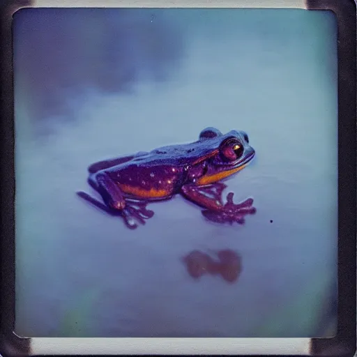 Image similar to semi translucent frog in Jesus Christ pose hovering over misty water, polaroid photography by Andrei Tarkovsky, paranormal, spiritual, mystical