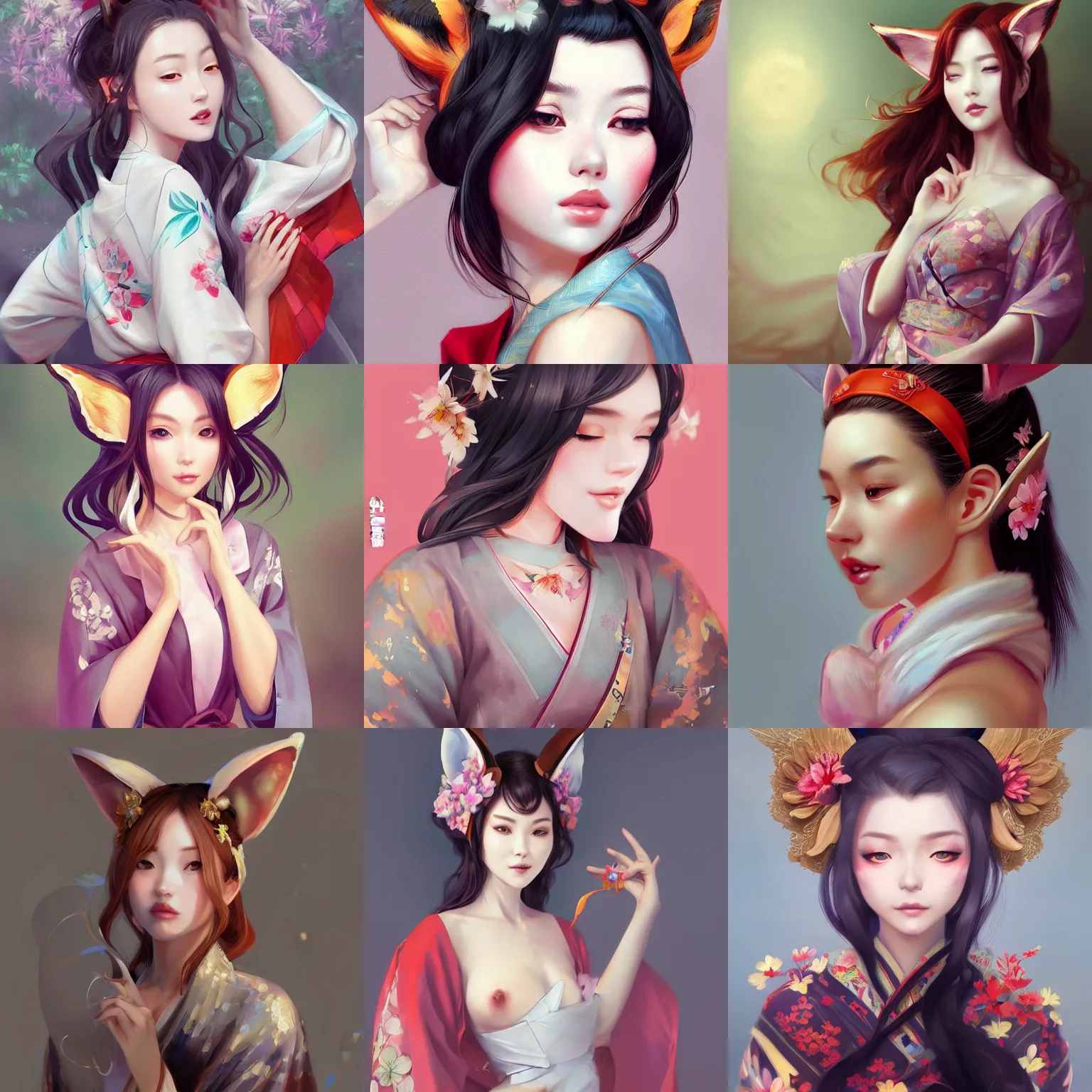 Prompt: A potrait of a beautiful, shapely woman with fox ears wearing a kimono, digital painting, by Stanley Artgerm Lau, WLOP, Rossdraws, LeraPi, and Sakimichan, SFW digtial painting, trending on ArtStation, deviantart, SFW version, very SFW