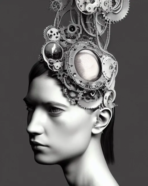 Image similar to black and white dreamy foggy smoky profile face portrait, one silver steampunk eye biomechanical beautiful young female cyclope - cyborg - robot bust, body ribs meshes,, volumetric light, hibiscus flowers, by hg giger, rim light, by dora maar and cecile beaton, big gothic fashion pearl embroidered collar, 8 k