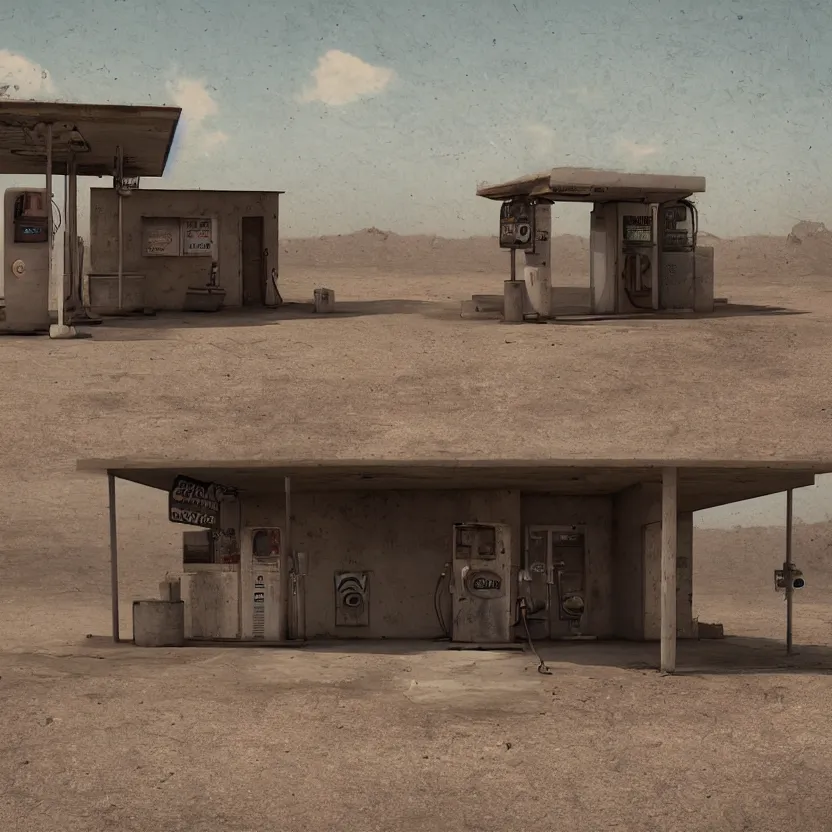 Image similar to an old, tiny abandoned gas station in the middle of the desert, cobweb, old, artstation, digital art.