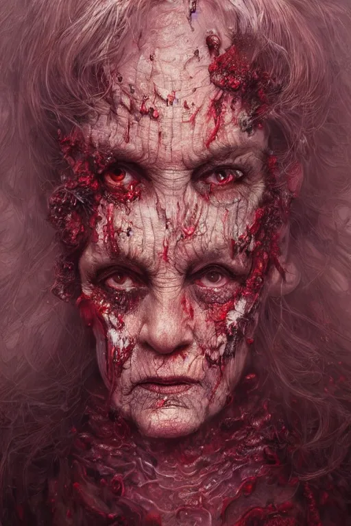 Prompt: realistic portrait of beautifully crystalized and detailed portrait of a zombie old woman, matte painting of cinematic movie scene red dragon, horror, created by gustave dore and greg rutkowski, high detailed, smooth draw, synthwave neon retro, intricate, realistic proportions, dramatic lighting, trending on artstation.