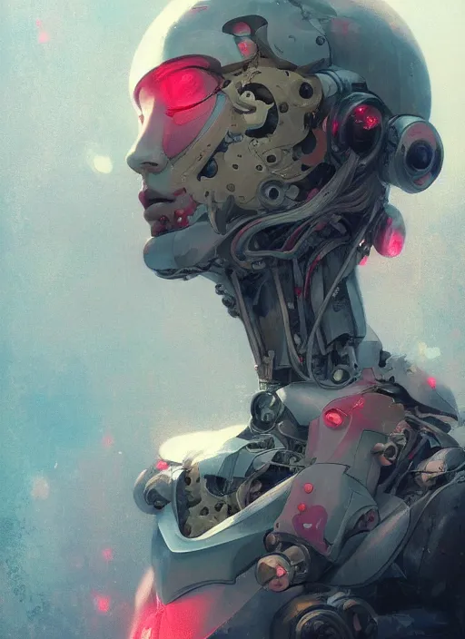 Image similar to surreal painting, by yoshitaka amano, by ruan jia, by conrad roset, by good smile company, by Kilian Eng, detailed anime 3d render of a female mechanical android, portrait, cgsociety, artstation, modular patterned mechanical costume and headpiece, cyberpunk atmosphere