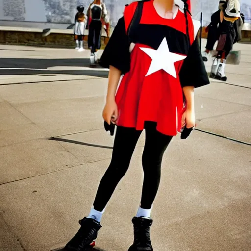 Image similar to 1 5 - year - old french anime girl, black beret with red star, black t - shirt with red star, black shorts, rollerblading, rollerskates, cel - shading, 2 0 0 1 anime, flcl, jet set radio future, golden hour, japanese town, cel - shaded, strong shadows, vivid hues, y 2 k aesthetic