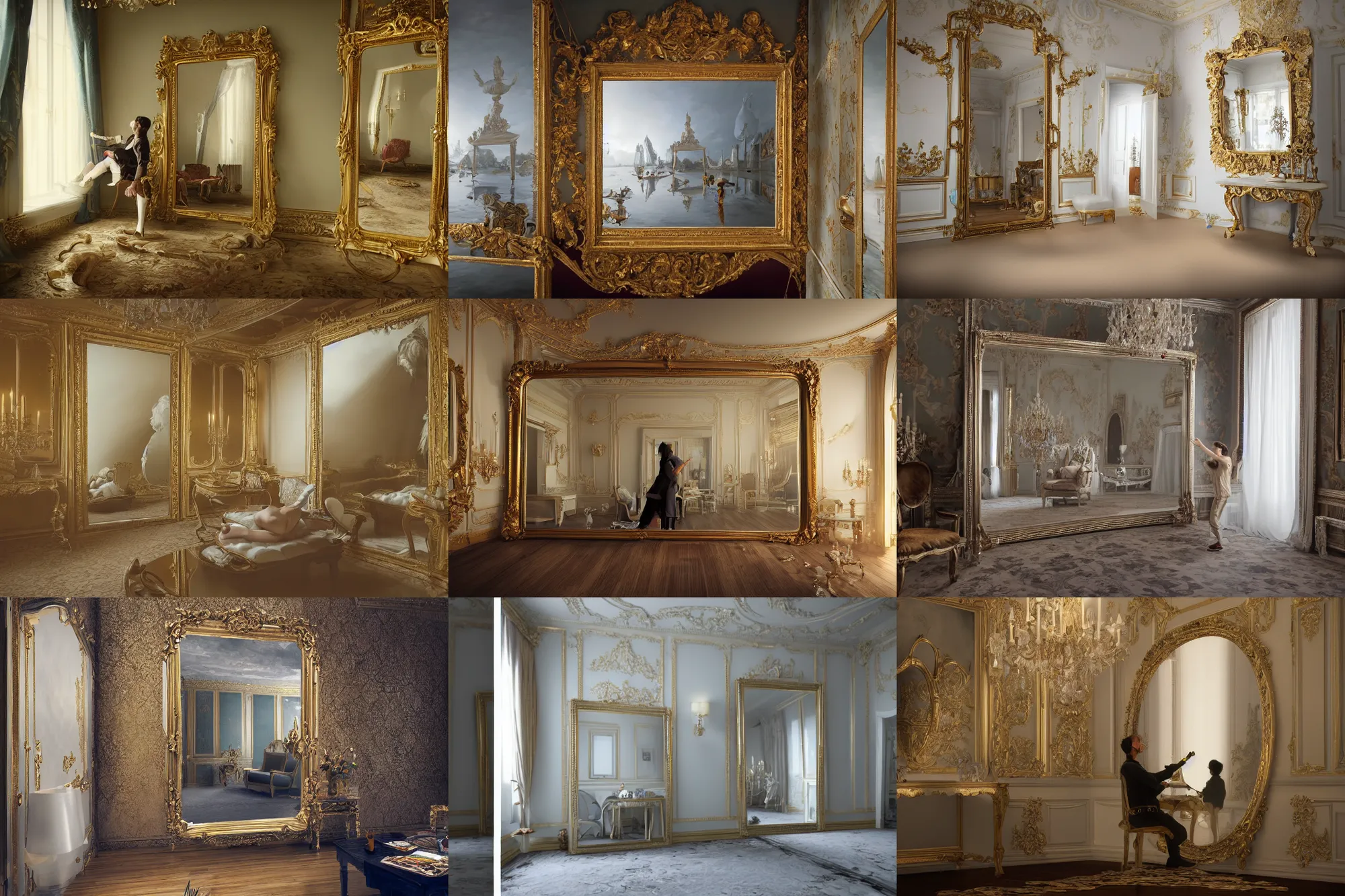 Prompt: wide angle shot, a mirror reflecting a painter that paints a royal room on a big canvas, realistic render, ultra realistic, octane render, by Dali,