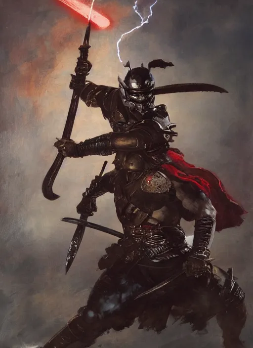 Image similar to A full portrait oil painting of a helmeted and masked Samurai holding a katana above his head an running into battle, japanese god of war armor, by Frank Frazetta, Greg Rutkowski, Boris Vallejo, epic fantasy character art, Exquisite detail, post-processing, low angle, masterpiece, cinematic, lightning