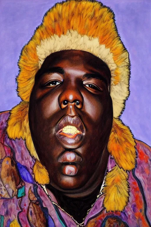 Image similar to a portrait of biggie smalls wearing boho - chic style clothes, with a fur muffler, full body!!, realistic painting in egon schiele style, masterpiece, hyperdetailed, complex, intricate, 4 k, trending on artstation