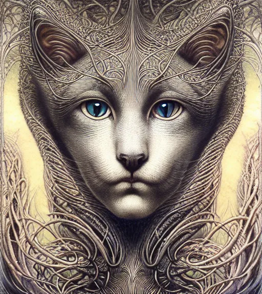Image similar to detailed realistic beautiful cat goddess face portrait by jean delville, gustave dore, iris van herpen and marco mazzoni, art forms of nature by ernst haeckel, art nouveau, symbolist, visionary, gothic, neo - gothic, pre - raphaelite, fractal lace, intricate alien botanicals, ai biodiversity, surreality, hyperdetailed ultrasharp octane render
