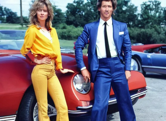 Image similar to color photo. a cool handsome photomodel standingwith hos arm crossed in the 8 0's. girl on both sides. sport car in the background