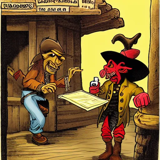 Image similar to a goblin with a large nose and a pirate with a bandana negotiating a contract with Micheal Morbius in a Western saloon.