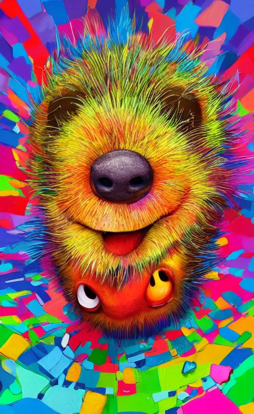 Prompt: a bright and colorful detailed photorealistic painting of a funny looking character. the character is making a silly face and the background is filled with happy looking animals. high quality. hq hd 4 k. award winning. trending on artstation