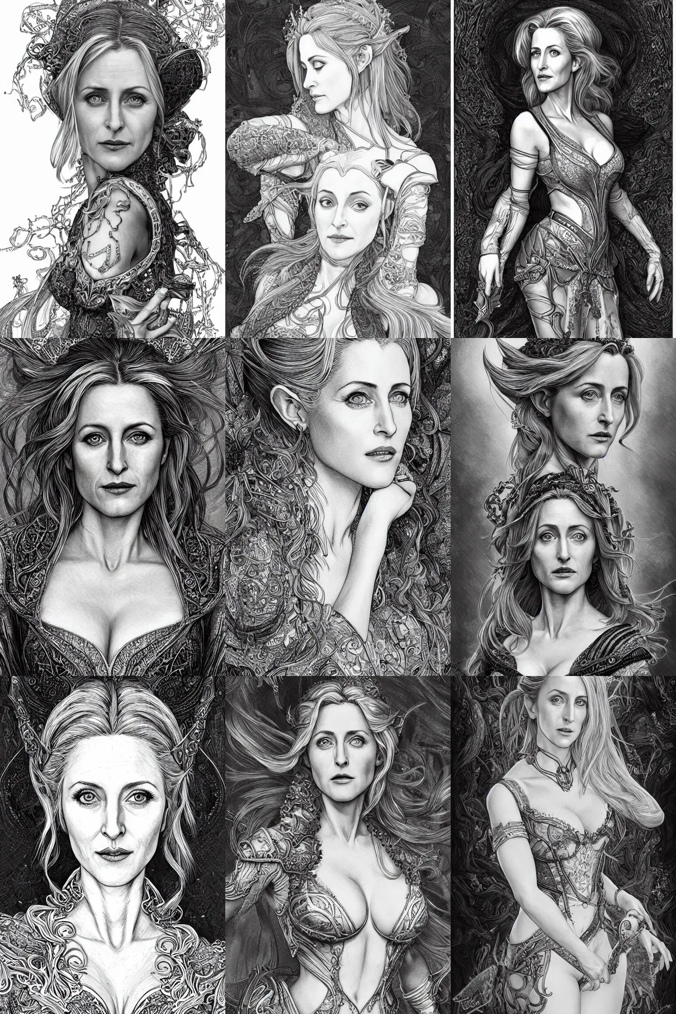 Prompt: alluring highly-detailed pen and ink illustration portrait of an attractive young elf woman (played by Gillian Anderson), clothed in a chesty fantasy outfit, intricate, elegant, highly detailed, digital painting, trending on Artstation, concept art, smooth, sharp focus, illustration, in the style of artgerm and greg rutkowski and alphonse mucha