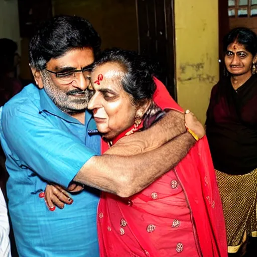 Prompt: vinod purohit hugging a young geeta pai as anji watches