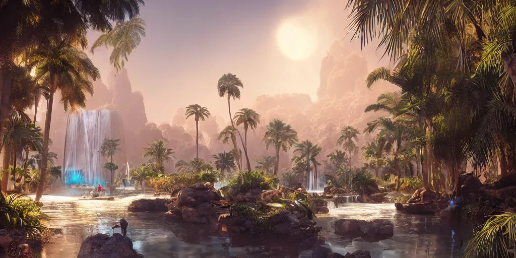 Prompt: beautiful oasis waterfalls surrounded by palm trees moroccan tile archways, date trees, ivory towers sunset peter morbacher ross tran angelarium greg rutkowski alchemy luxury heavenly light soft illumination, trending on artstation cinematic lighting digital painting octane render, artgerm