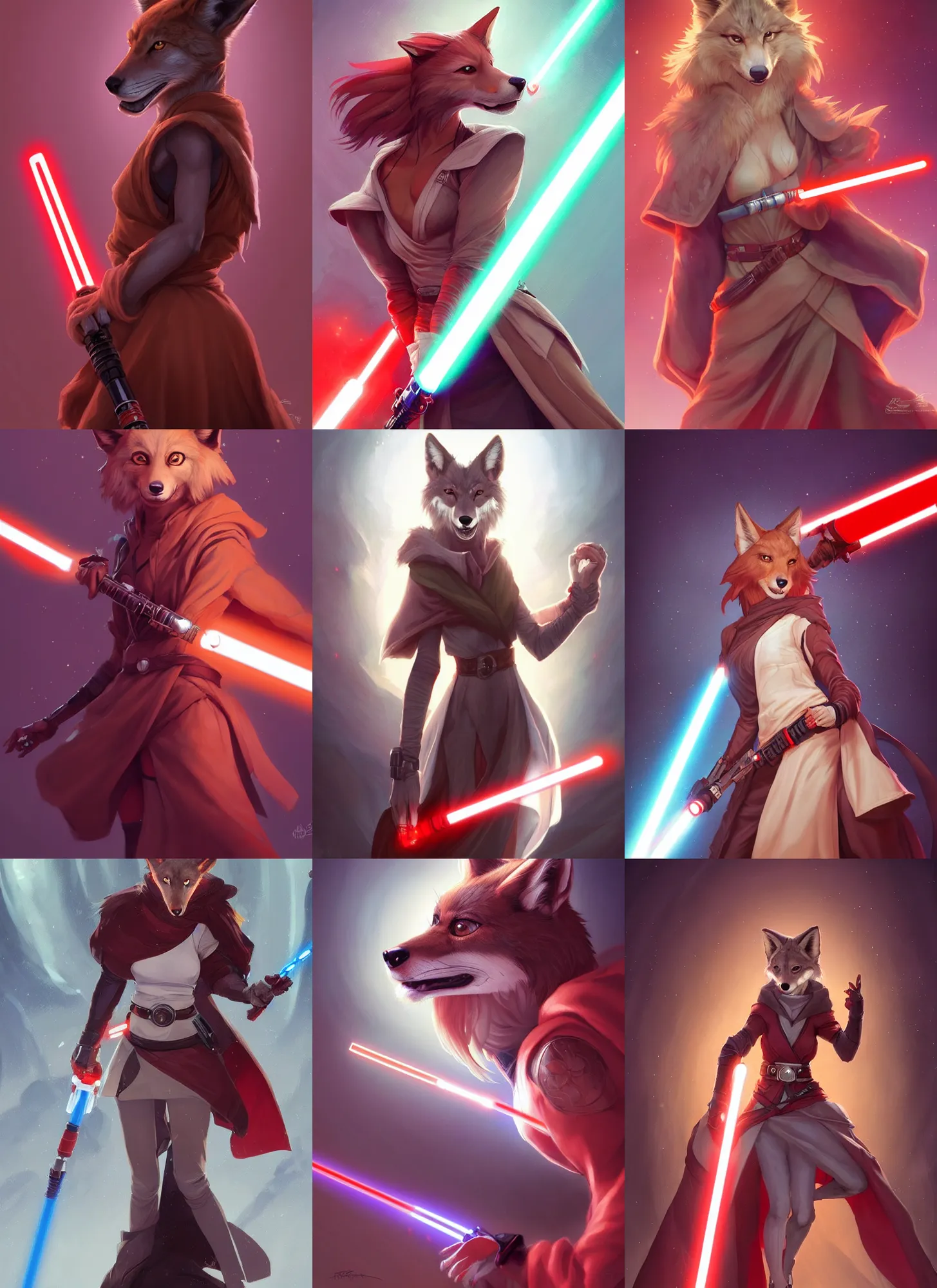 Prompt: beautiful portrait of a female anthropomorphic coyote fursona wearing sexy jedi robes wielding a red lightsaber. character design by charlie bowater, ross tran, artgerm, and makoto shinkai, detailed, soft lighting, rendered in octane