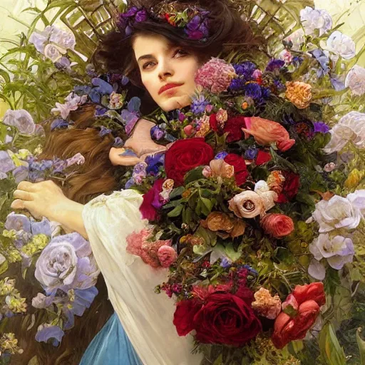 Prompt: an elaborate coffin with a mysterious sleeping beauty holding a large bouquet of flowing flowers, hands hidden under the bouquet, side view, fantasy, regal, intricate, by stanley artgerm lau, greg rutkowski, thomas kindkade, alphonse mucha, loish, norman rockwell