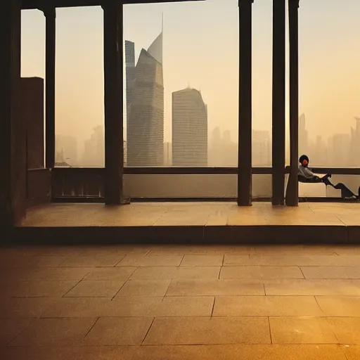 Image similar to a small rooftop with a couple of people sitting and watching the view, wearing black modern clothes, messy hair, modern shanghai bund in smog is on the background, sunset, pale colors, by gregory crewdson