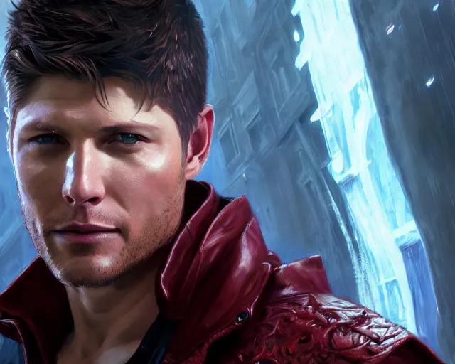 Image similar to highly detailed portrait of jensen ackles as dante, in devil may cry 5, stephen bliss, unreal engine, fantasy art by greg rutkowski, loish, rhads, ferdinand knab, makoto shinkai and lois van baarle, ilya kuvshinov, rossdraws, tom bagshaw, global illumination, radiant light, detailed and intricate environment