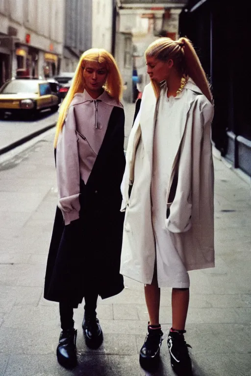 Image similar to high quality realistic street photo of girl, stylish hairstyles, clothes in the style of 1 9 9 0, fashion style clothes from maison margiela and off - white ; kodak ektar, 2 0 0 iso, 3 5 mm lens, bill henson style beautiful chiaroscuro lighting, beautiful colour palette, beautiful and realistic, wide shot