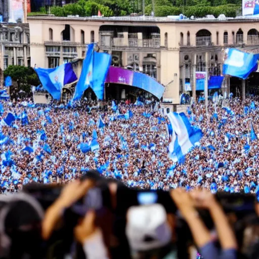 Image similar to Lady Gaga as president, Argentina presidential rally, Argentine flags behind, bokeh, giving a speech, detailed face, Argentina